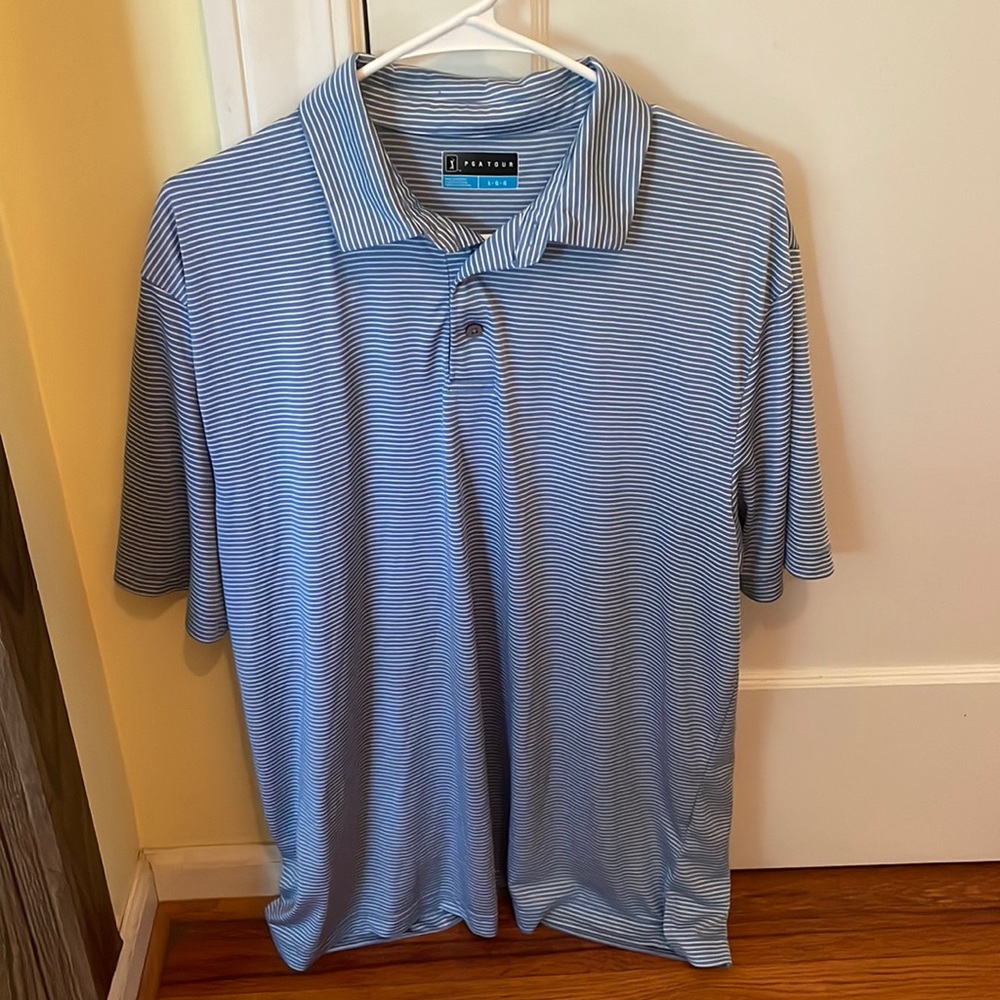 Light Blue and white striped PGA Tour golf polo